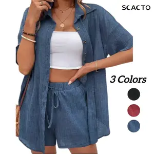 Scacto Women's 3-Piece Clothing Set - Lapel Shirt with Single-Breasted Closure, Cardigan, and Shorts