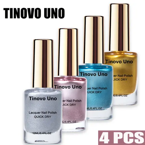 Tinovo Uno 4-PC Adult Salon-Style Nail Care Set - Alcohol Free, Keratin-Infused, Acetyltributyl Citrate, Quick Dry, 12ml Bottles (48ml Total) Chrome Nails Assorted Shades (Metallic Golden, Rose Golden, Blue, Silver) (Tu-Np-005-4)