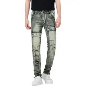 Streetwear fashion multi generational styles retro blue distressed men's jeans stretch slim fit small straight tube, streetwear outdoor casual men's pants