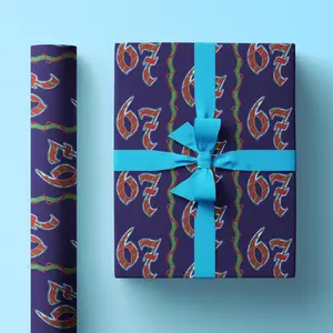 Fun 67 Meme Christmas Wrapping Paper Roll, Gift Wrap for Holidays with Blue Background and Classic Garland Motif, 6-7 Design