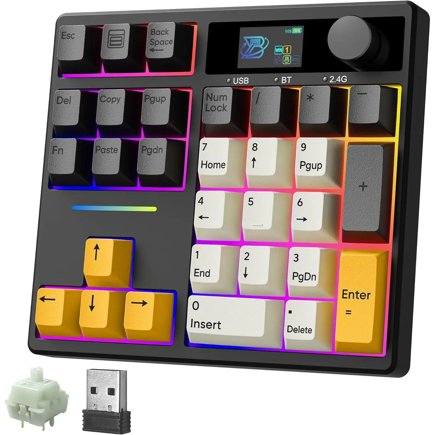 TD31Pro Gasket Structure Hot Swappable Mechanical Numpad, Mini RGB Number Pad with Screen & Knob, Bluetooth5.0/2.4G/Type-C, PBT Keycaps, Rechargeable for PC (Black-Grey), Gasket Structure Keyboard, Hot Swappable Keyboard