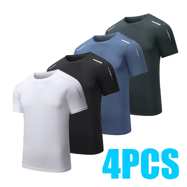 Men's 4-Pack Quick Dry Mesh Breathable Ice Silk Short Sleeve T-Shirts - Round Neck, Stretch, Athletic Fashion Activewear, Quick Drying Top, Cool Down/Crew Neck Styles, Cooling Clothing for Fitness Running Gym