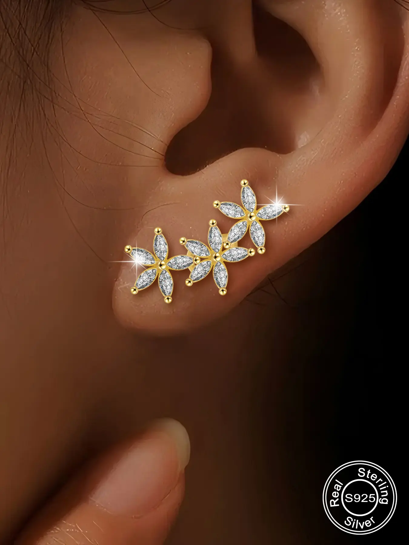 Women's S925 Silver Earrings, Simple Design with Three Flowers Embellished Zirconia, Elegant Jewelry Accessory for Women