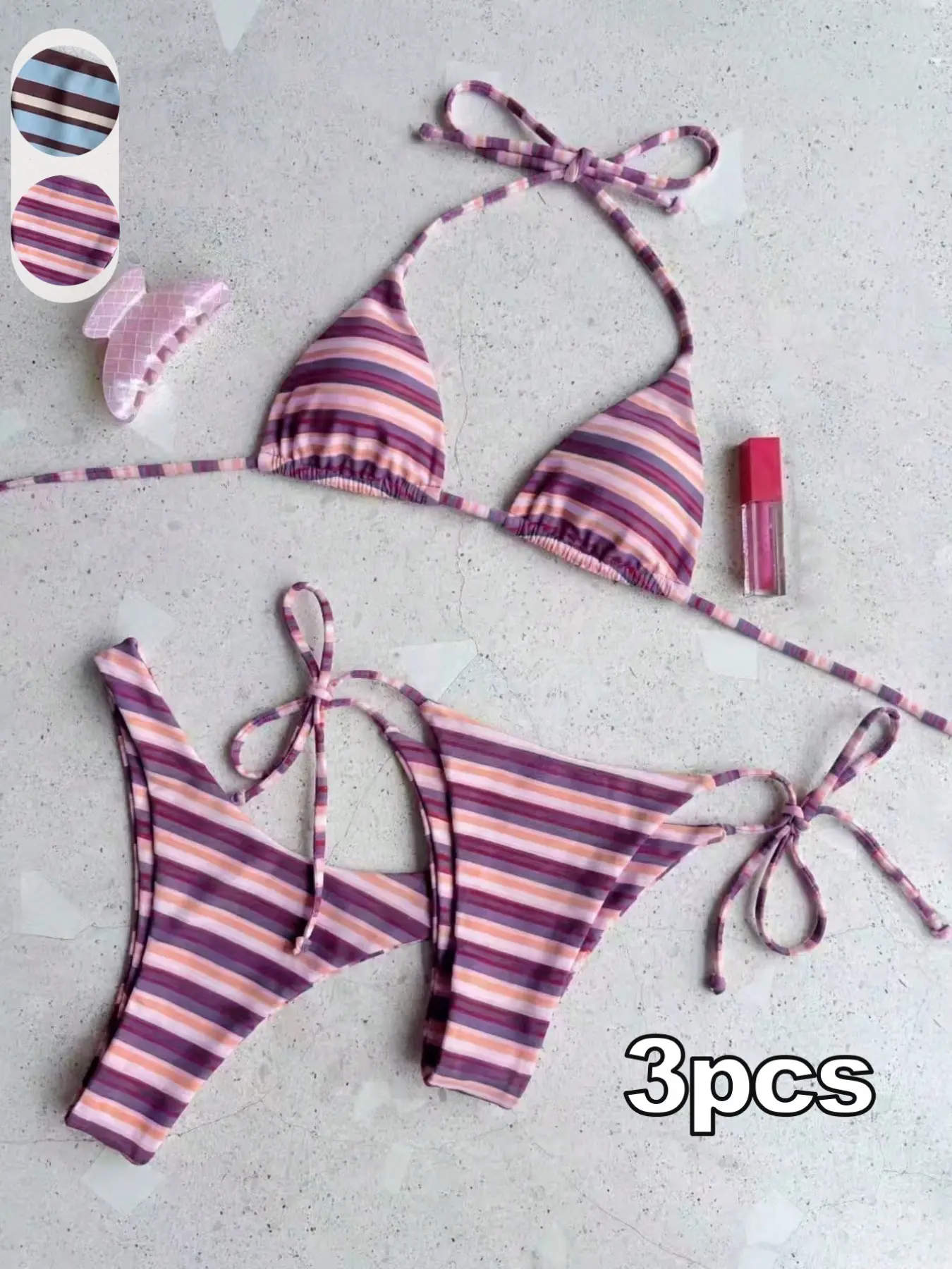 3pcs Women's Summer Casual Color-Blocked Striped Camisole Swimsuit, Two-Piece Vacation Set with Character Swim Trunks, Beach Summer Fit Bikini Swimwear Set, Beachwear, Bathing Suits Set