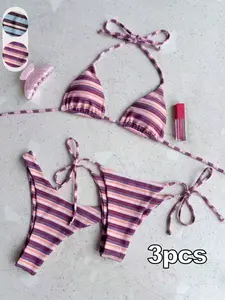 3pcs Women's Summer Casual Color-Blocked Striped Camisole Swimsuit, Two-Piece Spaghetti Strap Bikini Vacation Set with Character Swim Trunks, Beachwear