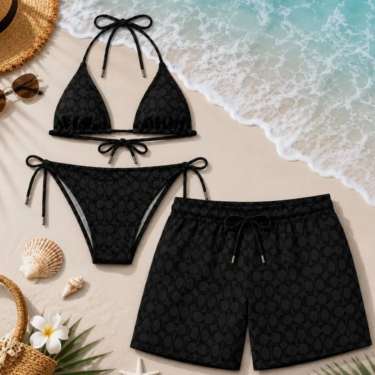 Letter C-Black Couple Matching Swimwear Set 2026 - Viral Women’s Bikini & Men’s Swim Shorts, Trendy Beach Vacation Gift