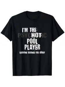 Funny Psychotic Pool Player T-Shirt - Billiards Gift Suitable for Billiards Enthusiasts, 100% Cotton 180g Casual Streetwear Tee with Pool Table, Round Neck Short Sleeve Shirt for Year-Round Wear & Machine Washable