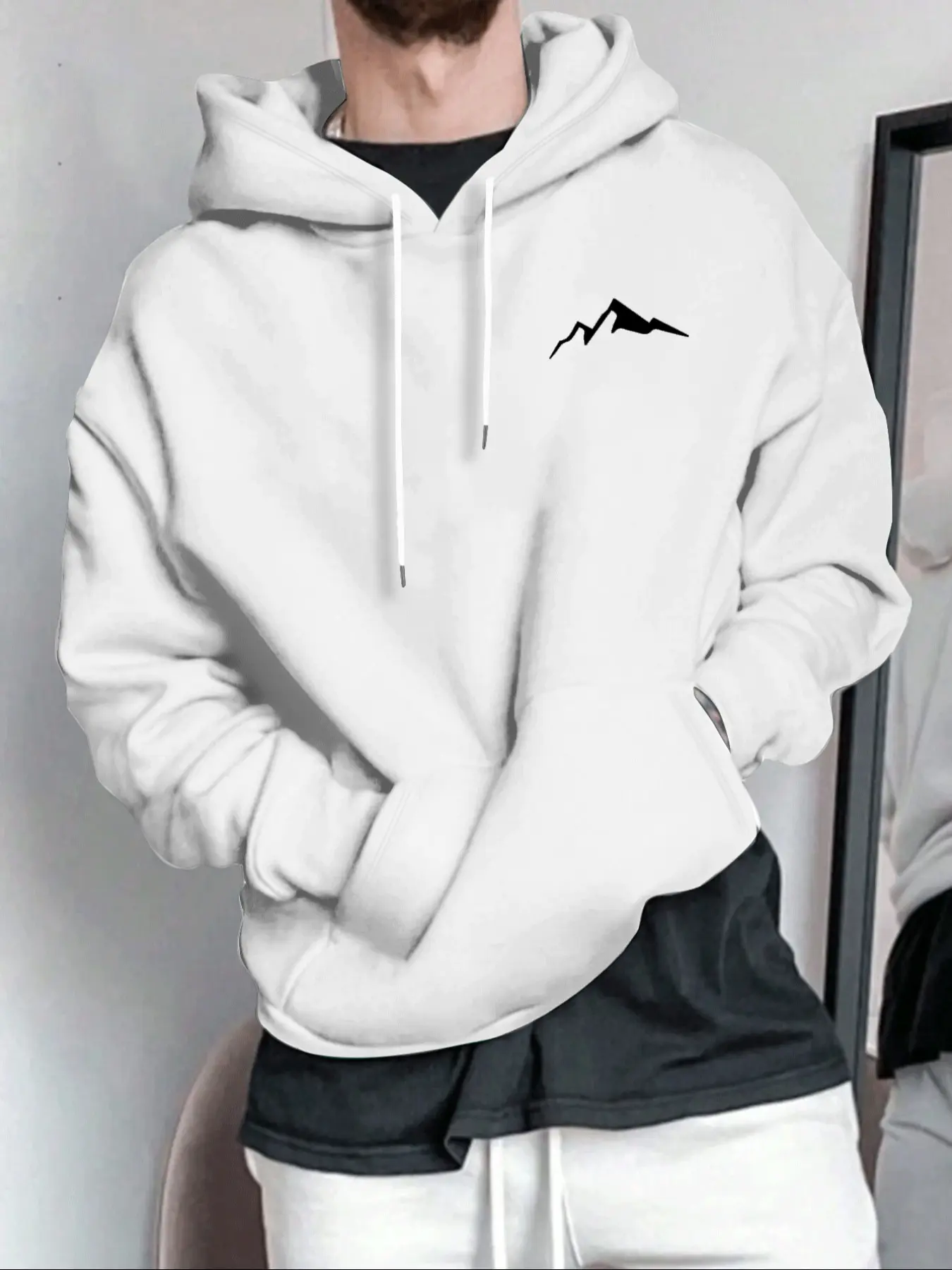 Men's Casual Loose Hooded Sweatshirt, Classic Mountain Print Fleece Pullover, Long Fit, Thick Fabric, Fall & Winter Fashion