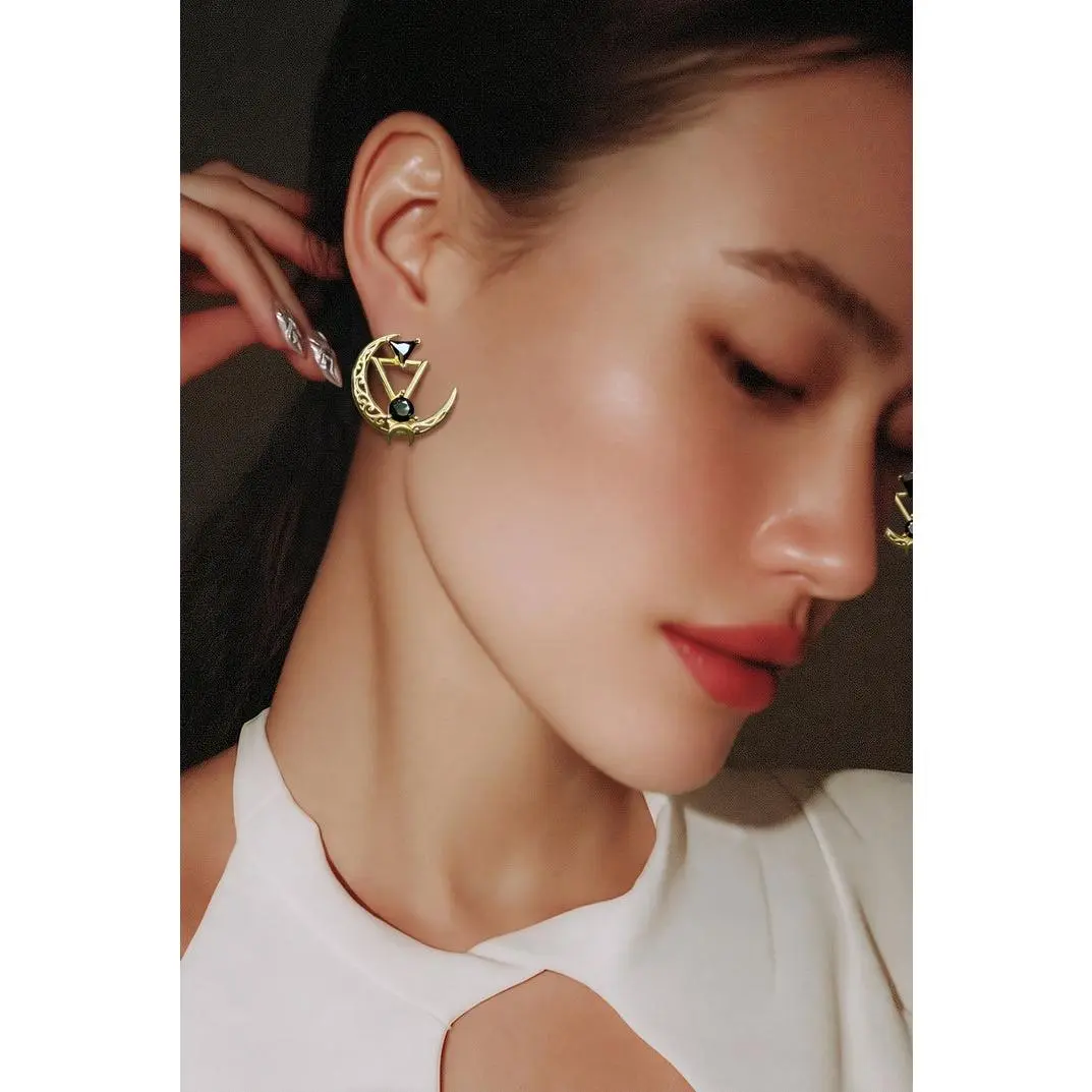 Unisex 23mm Moon&Triangle Gold Crescent Earrings - Gemstone Filigree Statement Costume Jewelry with Silver, Rose Gold, Rhodium, Diamond, Emerald Options - Ideal for Wedding, Gift