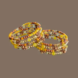 Bracelet - 4 coil flower & Yellow beads with  yellow and bronze spacer beads memory wire bracelet