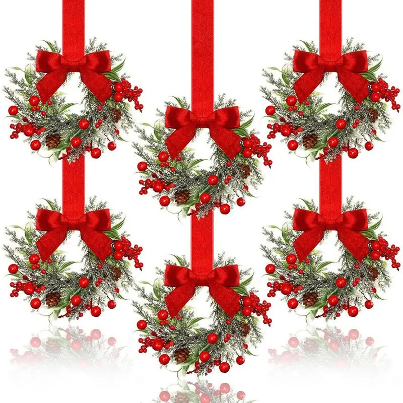 Christmas Mini Cabinet Wreaths Set of 6, Kitchen Decor with Ribbon Bow, Berry Small Window Wreath, Farmhouse Christmas Party Decoration, Festive Touch, Christmas Decorations