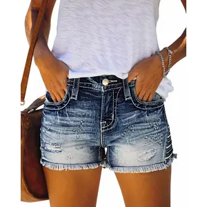 Women's Mid Rise Ripped Stretchy Jeans Shorts Frayed Raw Hem Casual Denim Shorts