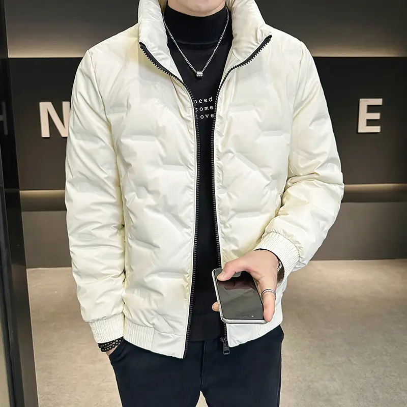 Men's Puffer Jacket Short Winter Coat with Stand Collar Warm White Duck Down Thick Insulated for Outdoor Sports & Casual Wear Basic Style Youth Popularity Clothes