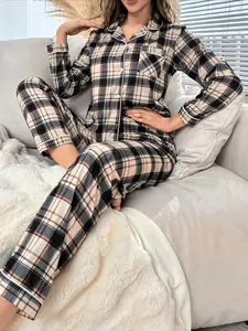 Women's Long Sleeve Sleepwear Loungewear Pajama Set, Colorful Plaid Lapel Open Front Design, Soft Comfortable Fitted Casual Home Wear for Fall & Winter