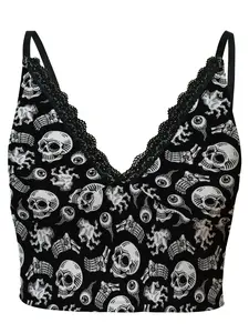 Summer women's Gothic style printed lace V-neck camisole, Vest, fun skull pattern, sleeveless, backless and navel-exposed, adjustable spaghetti straps, summer beach vacation wear women's tops, a casual must-have item for home parties