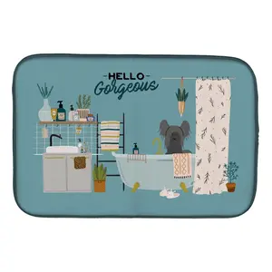 212 MAIN Rectangle Polyester Dish Drying Mat, 14x21 in, Water Absorbent Decorative Mat Featuring Black Chinese Hairless Dog in Bathtub Design