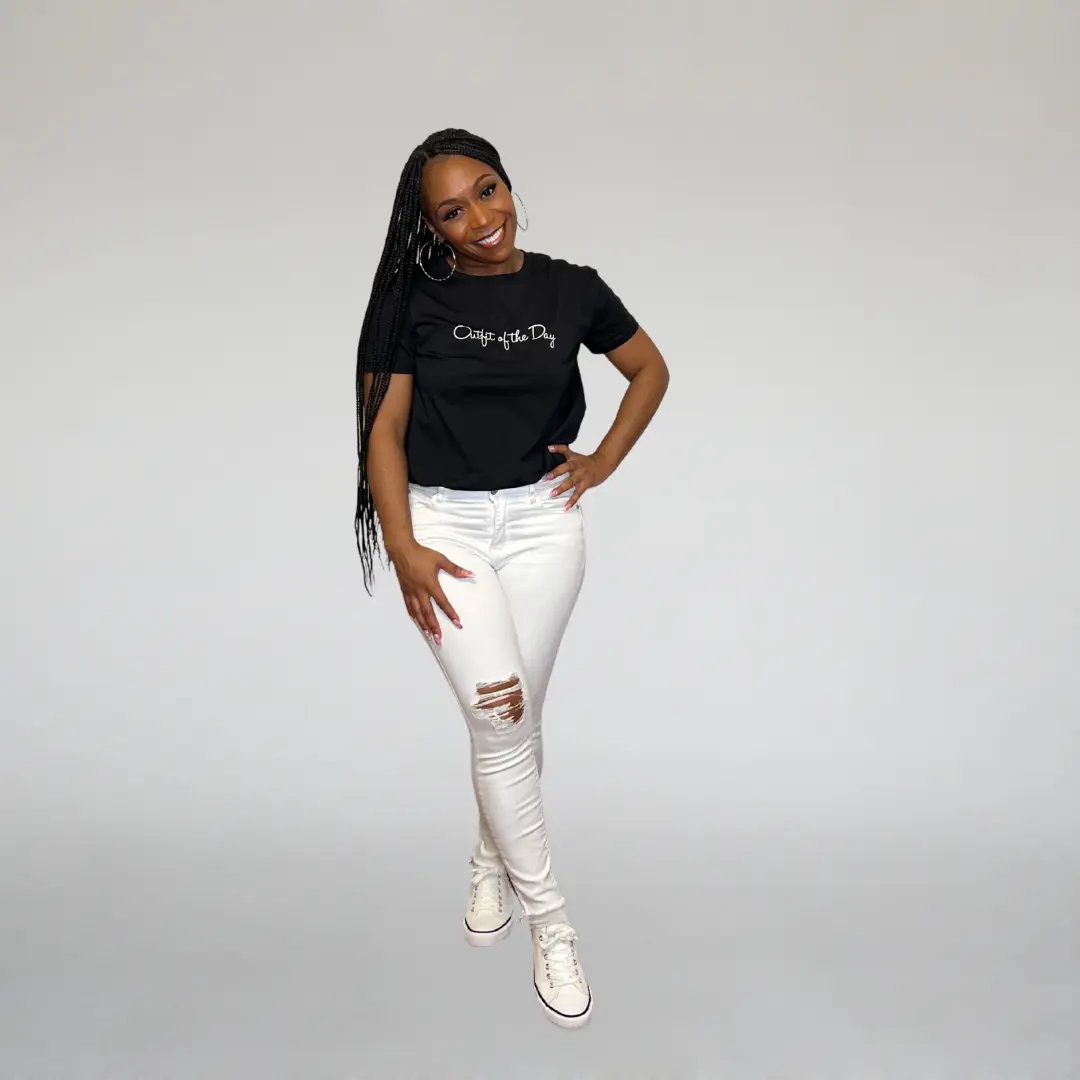 OOTD Graphic Tee - Black Cotton Spandex Blend Petite Friendly Length for Spring Summer Fall Winter Casual Wear