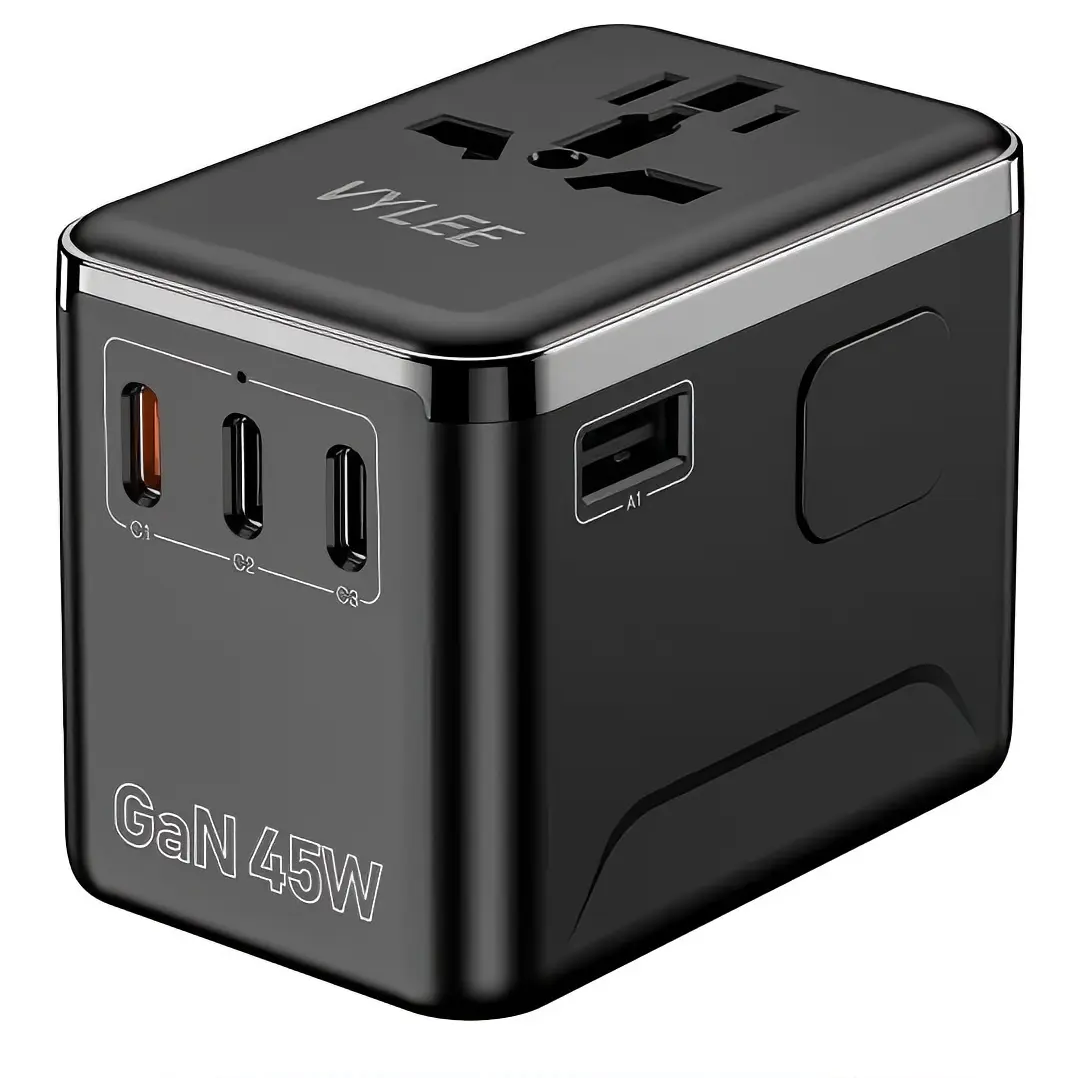 Vylee 45W GaN Fast Charger Universal Travel Adapter 3 USB-C 1 USB-A Worldwide Power Plug for US EU UK AU