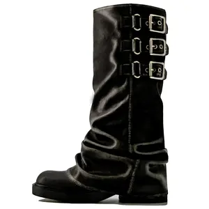 Women's Knee High Riding Boots Fashion Buckle Square Toe Chunky Heel Wide Calf Biker Boots Gril Comfort Footware Fashion Shoes buckle boots knee high Leather Footwear Comfortable Girl Walking Shoes Bota Brown