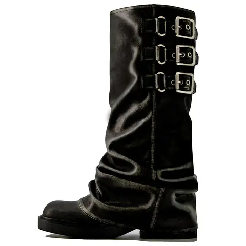 Women's Padded Knee High Leather Heel Boots - Western Cowboy, Wide Calf, Square Toe, Chunky Comfortable Heels, Buckle Accent, Soft Anti-Slip Rubber Sole, Biker Rider Style Footwear, Walking Shoes (Brown, Beads Accent)