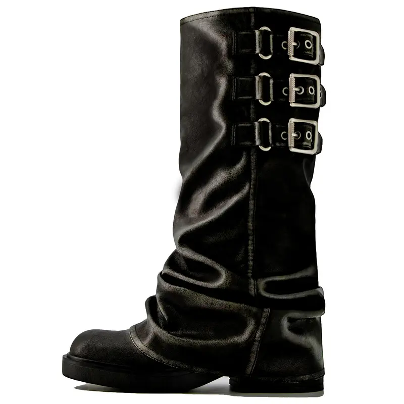 Women's Padded Knee High Leather Heel Boots - Western Cowboy, Wide Calf, Square Toe, Chunky Comfortable Heels, Buckle Accent, Soft Anti-Slip Rubber Sole, Biker Rider Style Footwear, Walking Shoes (Brown, Beads Accent)