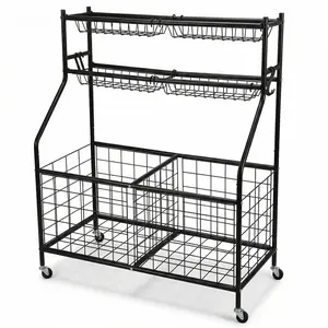 [FLASH SALE] Garvee 3-Tier Sports Equipment Storage Cart with Wheels, Heavy Duty Rolling Ball Organizer for Basketball, Garage Storage Rack with Side Hooks for Yoga Mats & Jump Ropes, 37.2"L x 16.5"W x 45.3"H - Black