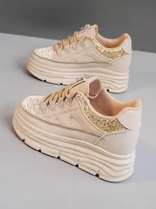 Women's Fashionable Glitter Lace Up Platform Sneakers, Casual Comfortable Breathable Sports Shoes, Female All-match Round Toe Chunky Sneakers for Daily Life, Girl, All Match Trainers