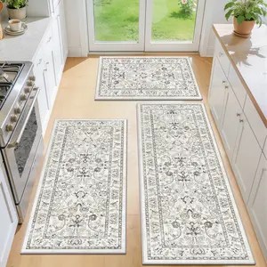 LOKHOM Farmhouse Kitchen Rugs Sets of 3 Non Slip Washable Floral Kitchen Rugs and Mats for Floor Kitchen Runner Rug Floor Carpet for Kitchen, Laundry, Hallways