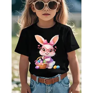 Young Girl Casual Rabbit Print Easter Round Neck Short Sleeve T-Shirt, Summer