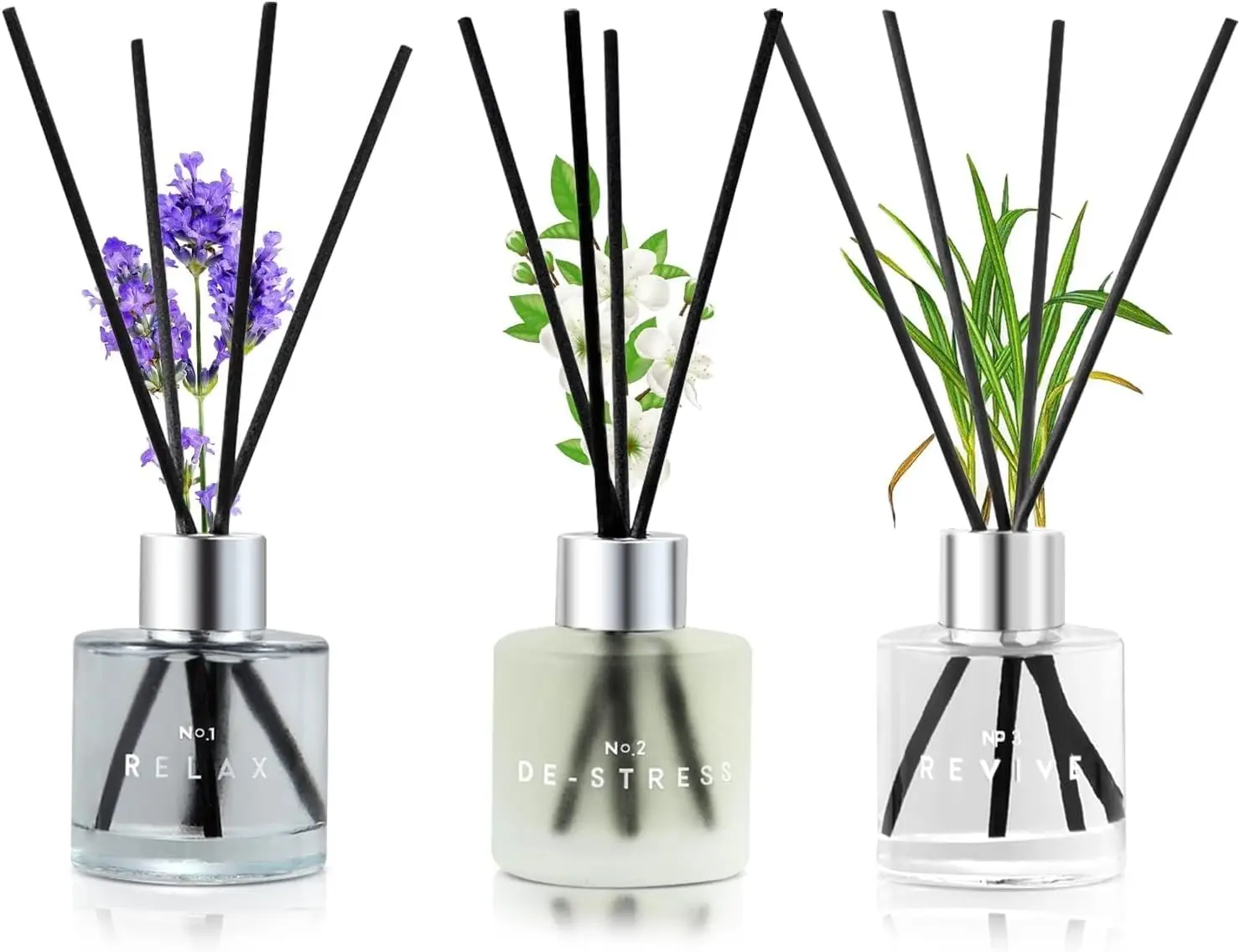 3 Pack  Reed Diffuser, 50ML Lavender Jasmine Lemongrass  Diffuser Set with 12 Black Fiber Sticks,Air Freshener for Bedroom Bathroom Office, 8.2X 6.6X 2.1 inch