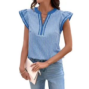 EncoLax Womens Summer Tops Casual V Neck Cap Short Sleeve Striped T Shirts Loose Boho Blouses