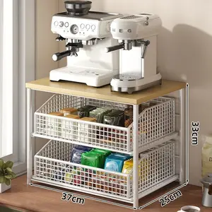 Kitchen Storage Solution 2-Tier Expandable Microwave Shelf with Pull-Out Baskets, Countertop Layer Rack for Bowls Plates Spices