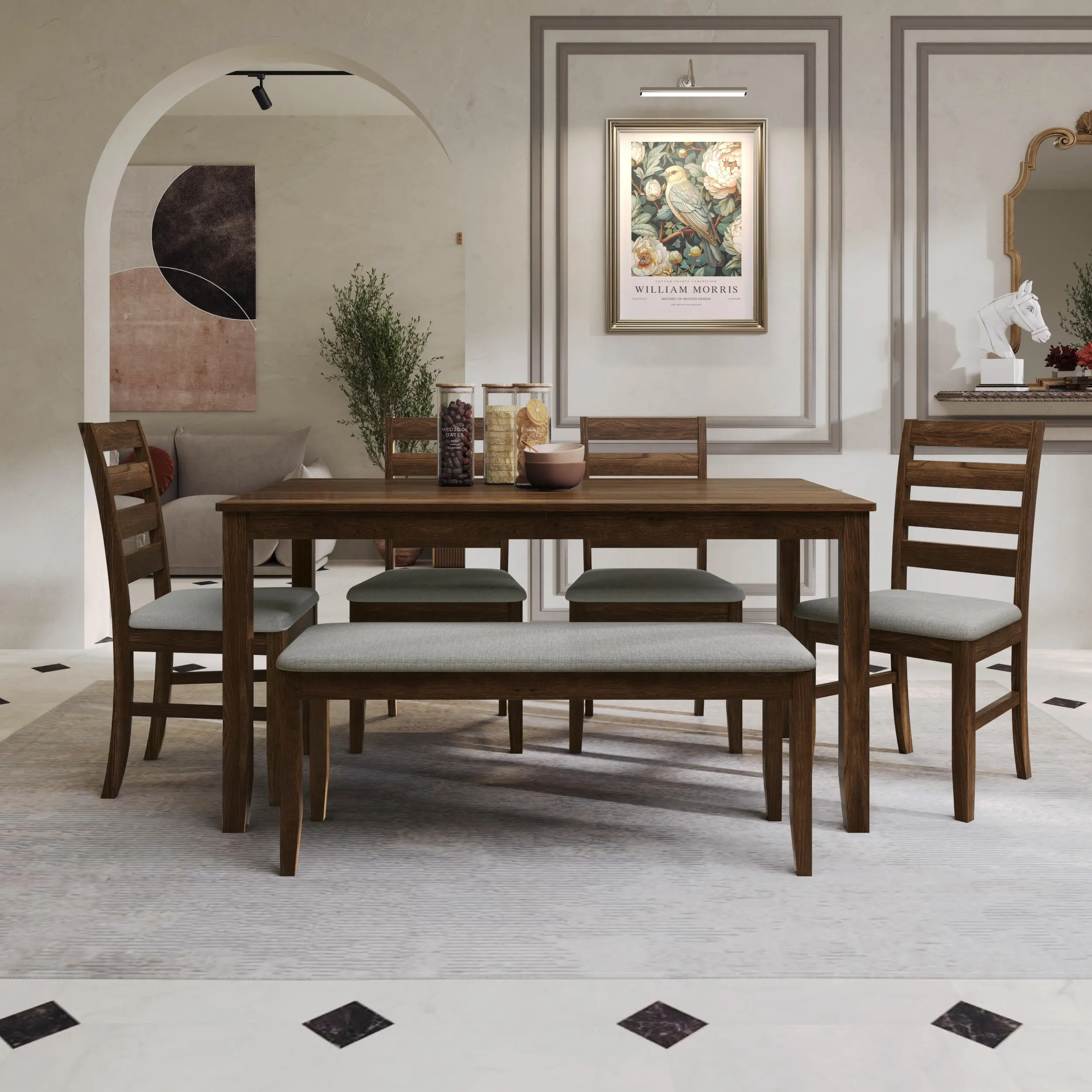 Favorer Ouray 6-Piece Wood Dining Room Set, Brown-Black - Rectangular Table, Ladder Back Chairs, Upholstered Bench, Foam-Padded Comfortable Seats, Timeless Design