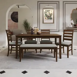 Favorer Ouray 6-Piece Dining Set, Brown/Black - Rectangular Table, Ladder Back Chairs, Upholstered Bench, Comfortable Foam-Padded Seats, Timeless Design