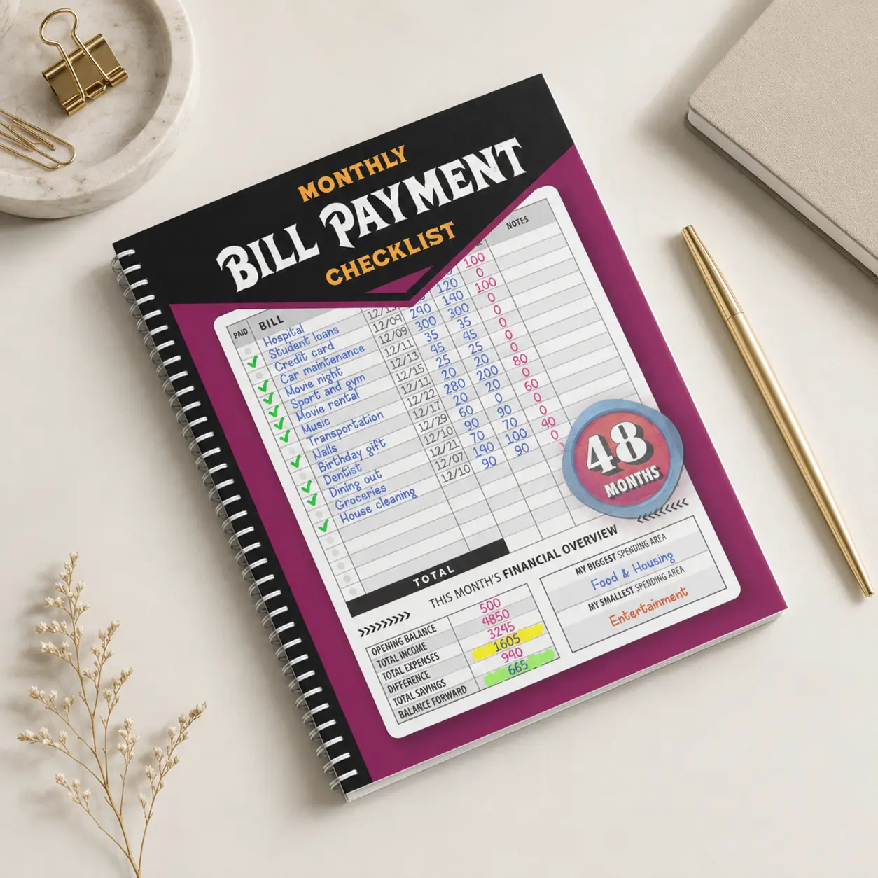 Monthly Budget Tracking Notepad, for 48-Month Income and Expense Management, English Paper Planner, Weekly Financial Journal with Bill Payment Checklist, Portable Pink Office Stationery
