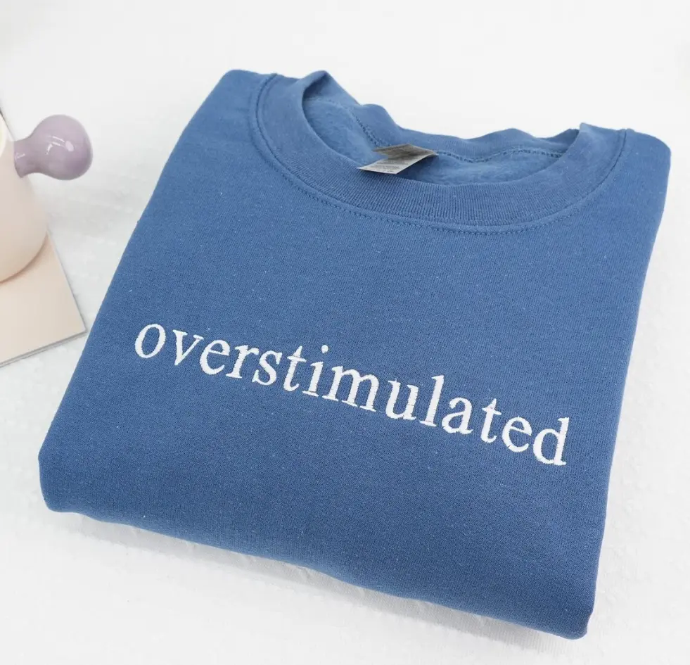 Overstimulated Mama Sweatshirt - Sarcastic Embroidered Long Sleeve Casual Crewneck Pullover for Women