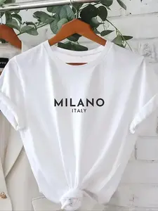 100% Cotton "Milano Italy" Graphic Tee, Minimalist City Print Crew Neck T-Shirt, Casual Women's Top