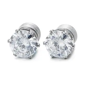 Unisex Magnetic Cubic Zirconia Stud Earrings, Polished Stainless Steel Non-Piercing Jewelry, Classic Pierced Look