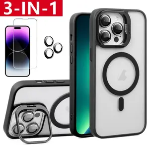 3-in-1 Durable Shockproof Stand Casing for iPhone 17 Pro Max,17,16,15,14,13,12,11 - Polycarbonate & TPU Cellphone Protection Cover with Screen Protector, Camera Lens Protector, Wireless Tech Accessories Compatibility, Handheld Phone Accessories