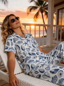 Women's Short Sleeve Long Pants Pajama Set, Ocean Shell & Starfish Full Print, Soft Breathable Home Wear, Casual Loose Fit