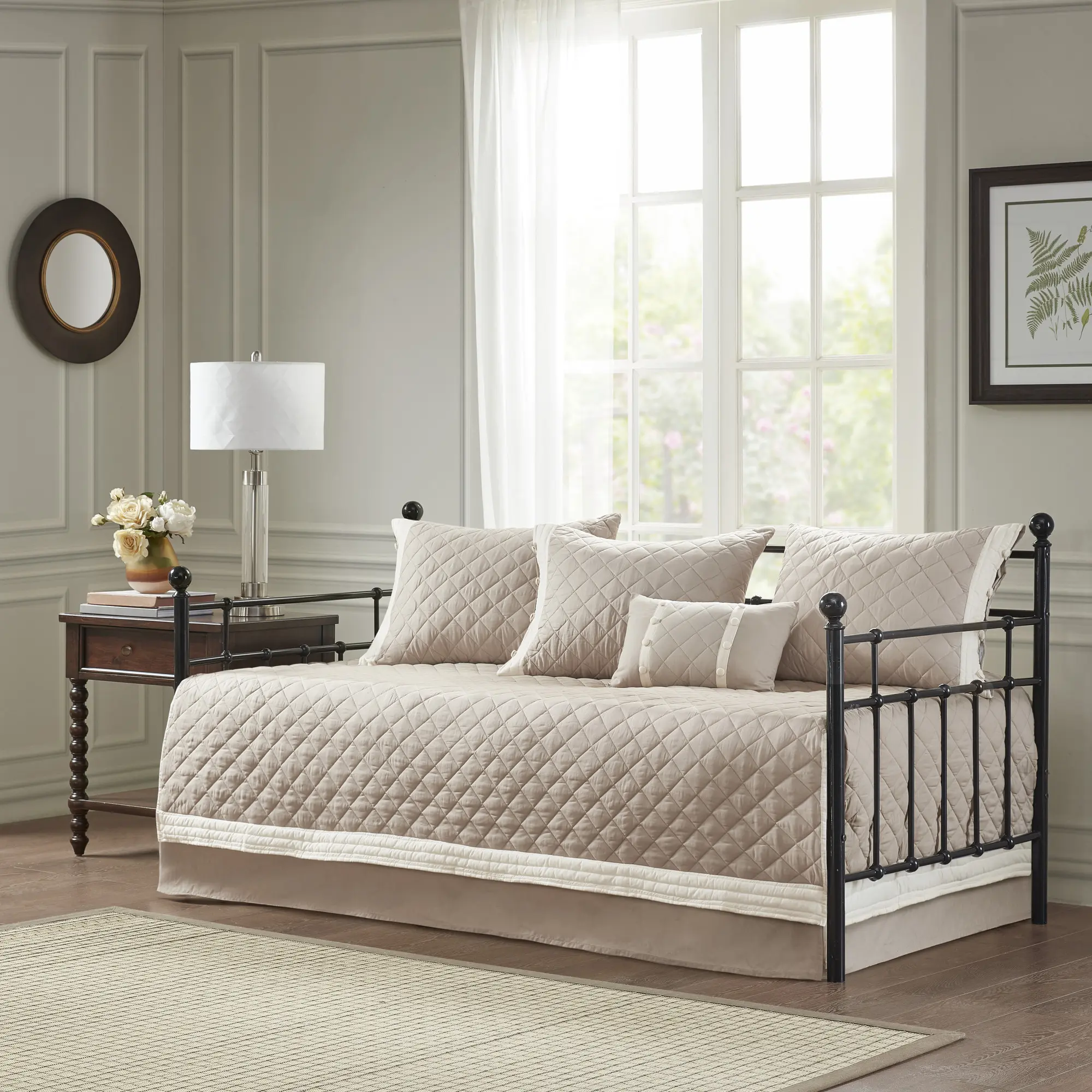 Cotton Daybed Cover Set, 6-Piece, Khaki – Sofa & Guest Bed Protector, Washable, Fits Standard Daybed, Complete Bedding Ensemble
