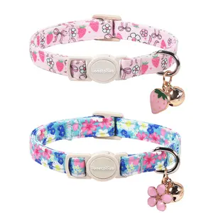 Lionet Paws 2 Pack Cute Cat Collar, Adjustable Cotton Cat Necklace with Strawberry & Flower Pendant for Girl Boy Cats