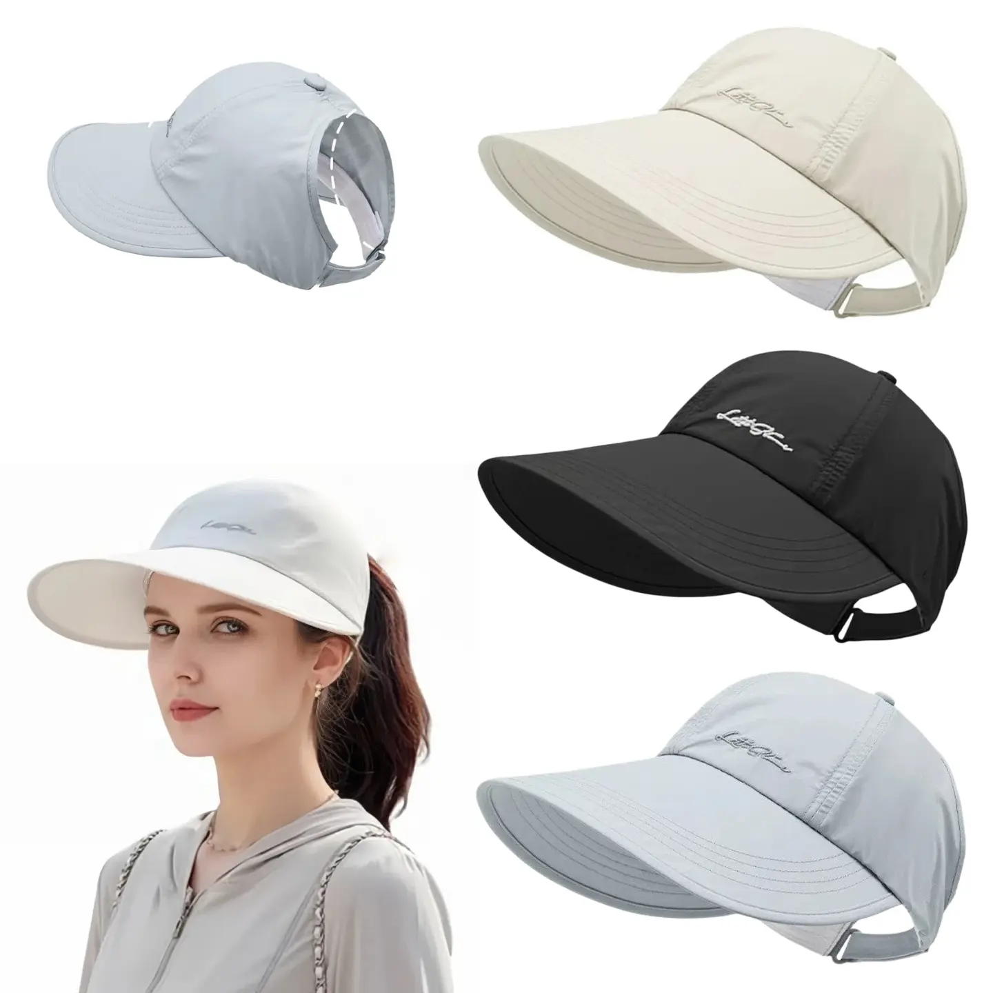 Unisex UPF Sunblock Polyester Baseball Cap (Black+Beige) - 1/2 Pack Lightweight Adjustable Wide Brim Elastic All-Season Outdoor Sports Hat, 1 Size