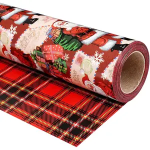 Reversible Christmas Wrapping Paper Roll - 17" x33ft Double-Sided Designs with Santa and postcard & Plaid for Xmas  Wrap for Presents, Table Decor & Crafting