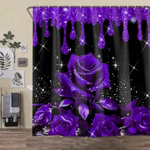 Rose Pattern Bath Curtain and Rug Set, Bathroom Shower Decor with Hooks, Non-Slip Bath Mat, U-Shaped Toilet Lid Cover Pad, Shower Curtain Sets