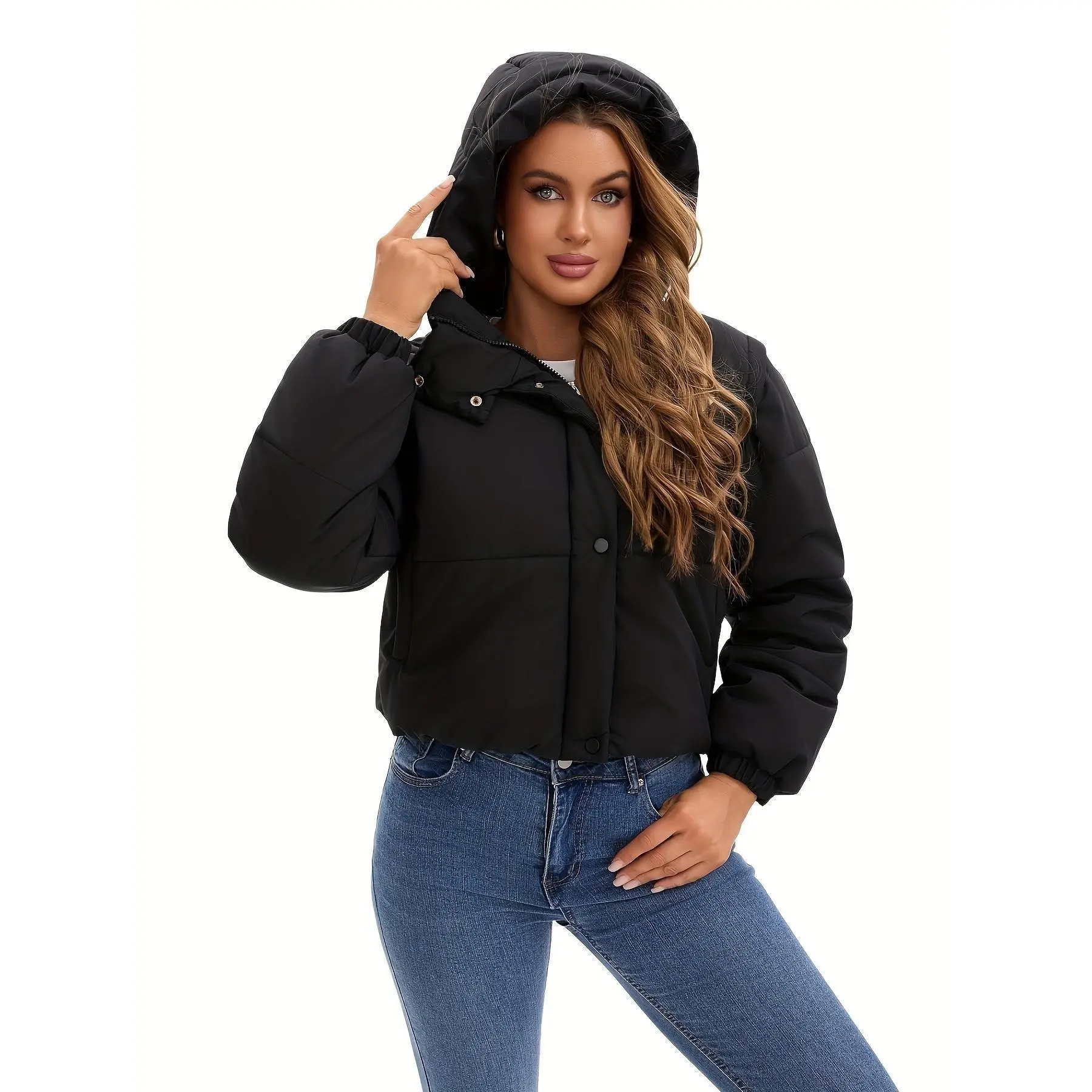 Women's Plus Size Chic Quilted Puffer Jacket, Fitted 2-in-1 Convertible Vest with Snap-On Sleeves, Short Woven Fabric Outerwear, Coats, Polyester campingessentials, Long Sleeve, Casual Fashionable Outerwear, Quilted Puffer Coat, Attachable Sleeves