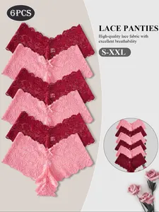 6 Pack Women's Low-Waist Lace Bowknot Panties – Sheer Lace Panty, Sexy Hollow-Out Triangle Underwear, Boho College Style, Red Blue Multi-Color Pack, Valentine's Day Gift, Lacy Panties