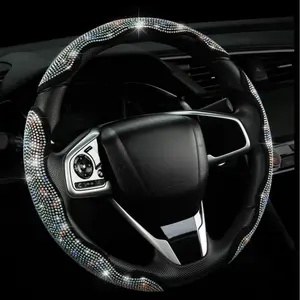 Diamond Bling Sparkly Car Steering Wheel Cover with Crystal Rhinestones 3PCS Segmented Stylish Protector Universal 13-15 Inch Fit for Women Holiday Gift Car Accessories for Girls