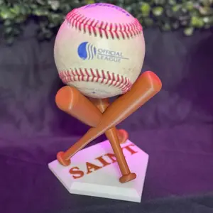 Baseball Holder with Crossed Bats White Base and Custom Text for Sports Enthusiasts