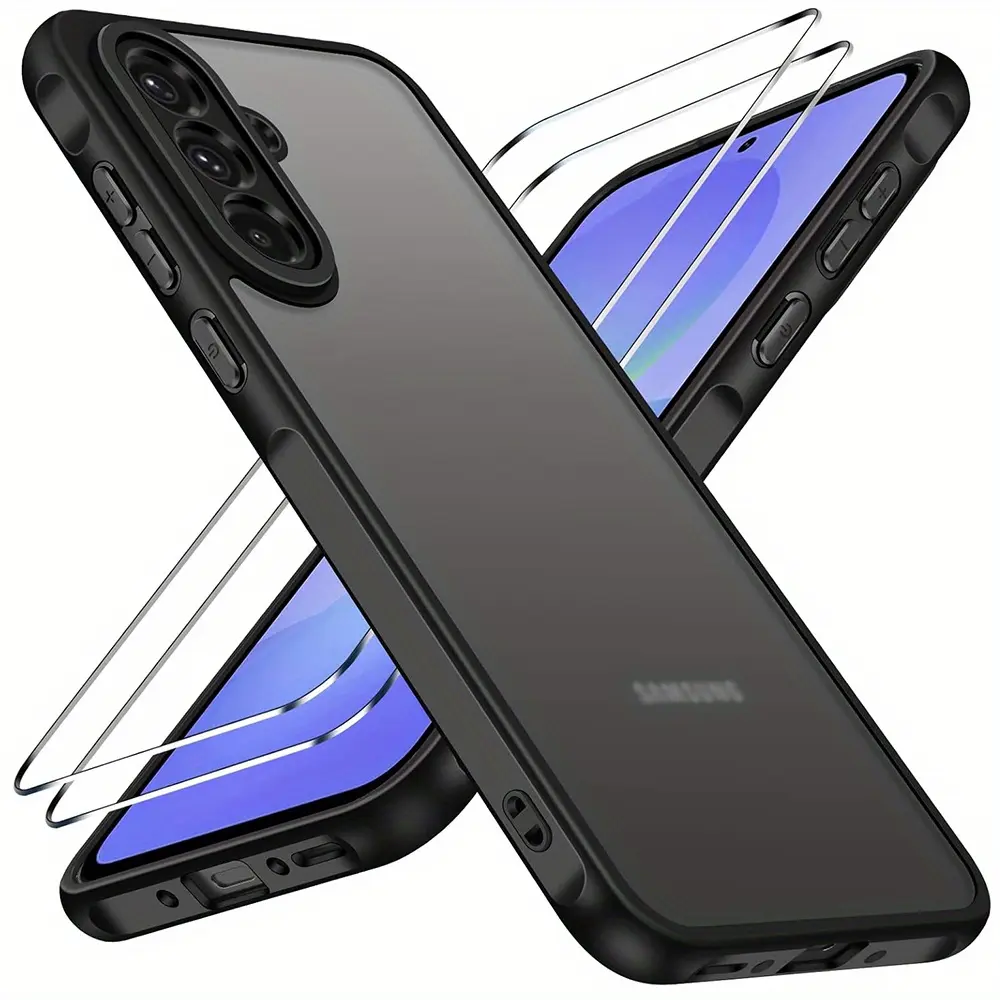 3PCS [1 Phone Case with 2X Clear Screen Protectors]Case with 2 Pieces Tempered Glass, Transparent Anti-Shock Shockproof Protective Cover-Black for Samsung Galaxy A56 A54 A55 A36 A35 A34 A14 A15 A16 4G/5G